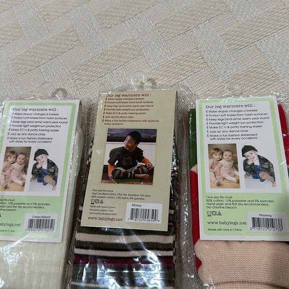 BABYLEGS Leg Warmers neutral cream ribbed mossy green striped stocking plaid OS - Picture 4 of 6